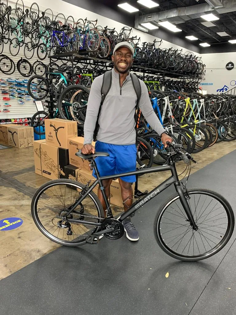Picking up a new bike at a Dallas bike shop