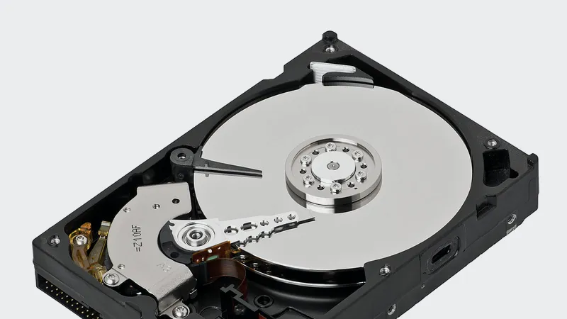 Open desktop hard drive showing its platter and read head