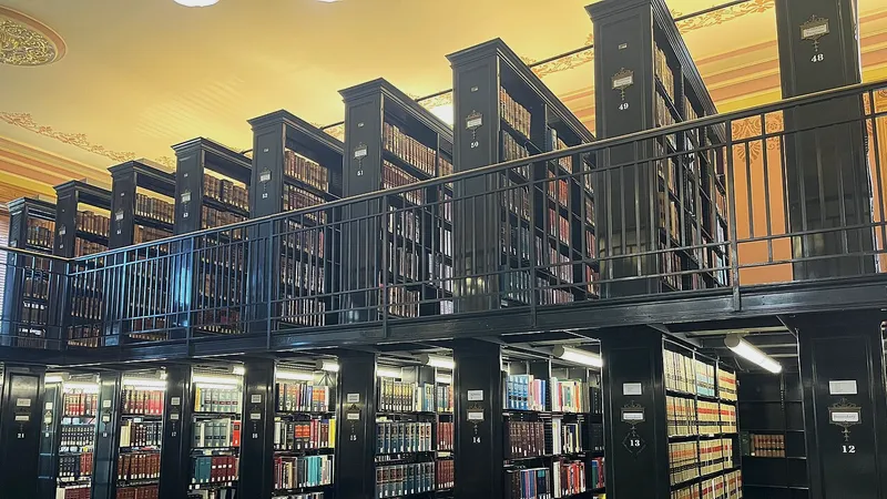Two floors of law library bookshelves
