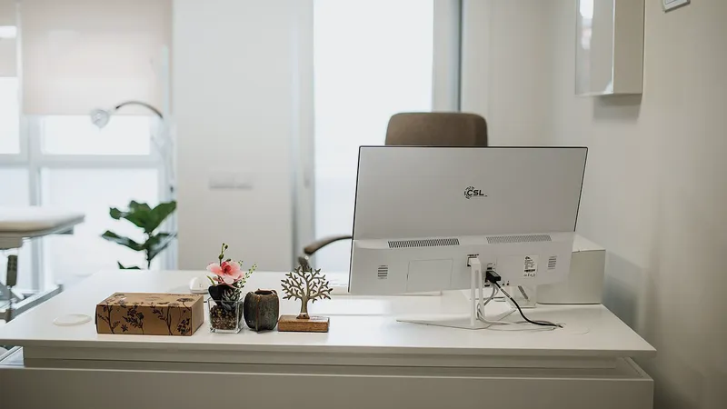 Tidy white desk with a monitor and a small plant
