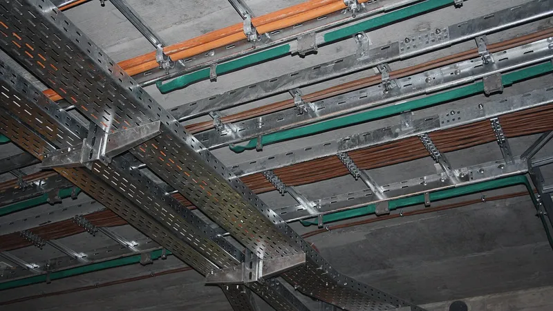 Cable tray mounted on a ceiling during a build-out