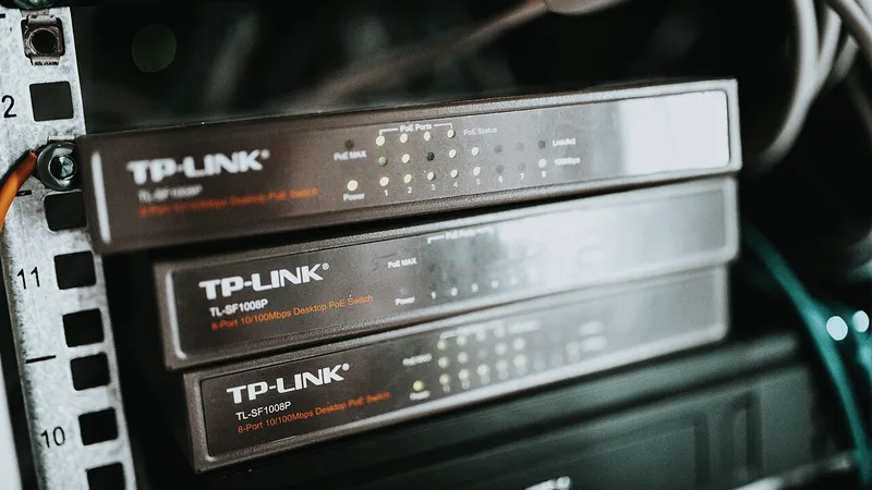 Network switches stacked in a small office server rack