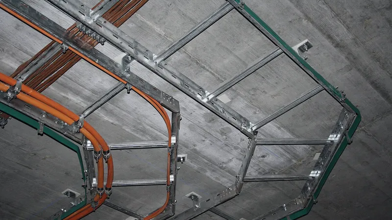 Ceiling cable trays carrying orange and green cable runs
